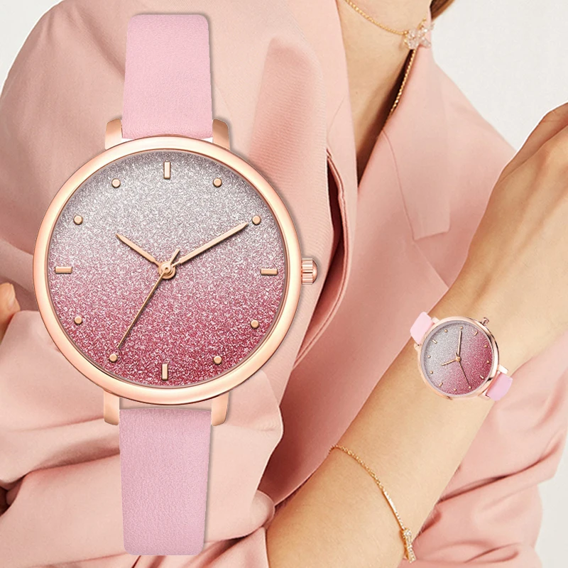 

Women Gradient Dial Wristwatches Casual Fashion Luxury Pink Leather Strap Quartz Watches Clock Relogio Feminino Drop Shipping