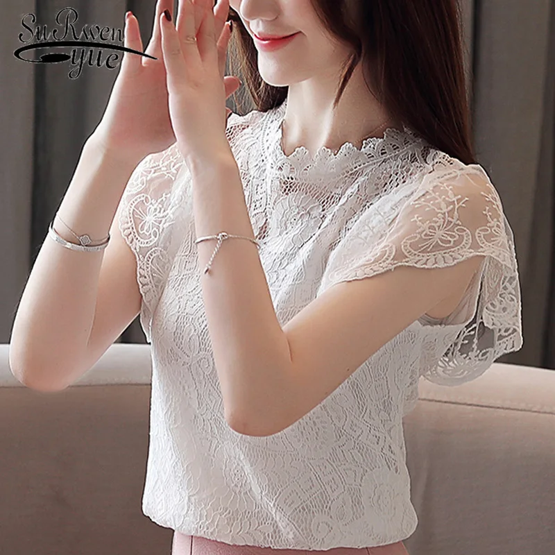 blouses woman 2019 Short sleeve women blouse hollow lace blouse women tops white blouse camisas mujer chemisier femme 4075 50
