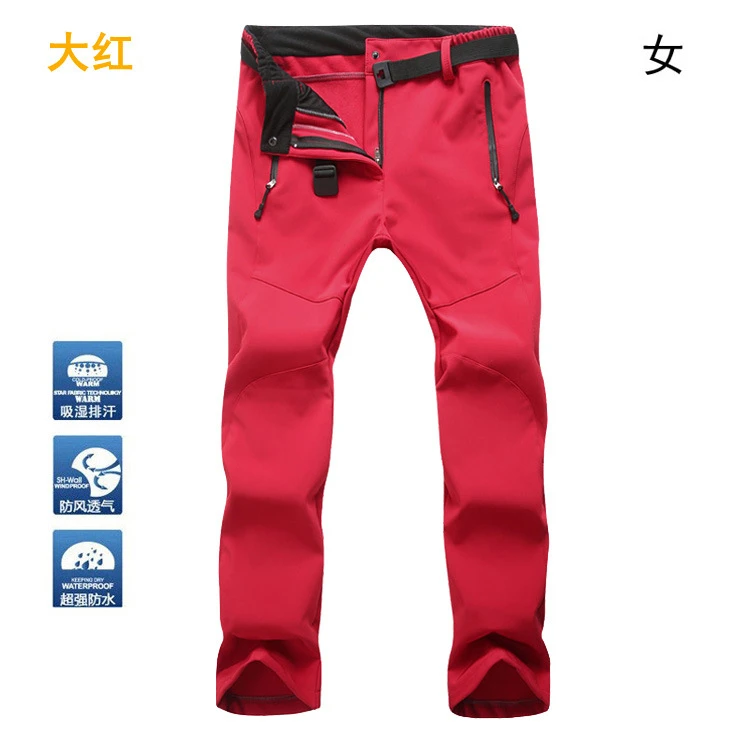 Женские камуфляжные и однотонные плотные теплые флисовые брюки для рыбалки, кемпинга, походов, лыжных брюк, водонепроницаемые ветрозащитные - Цвет: Red