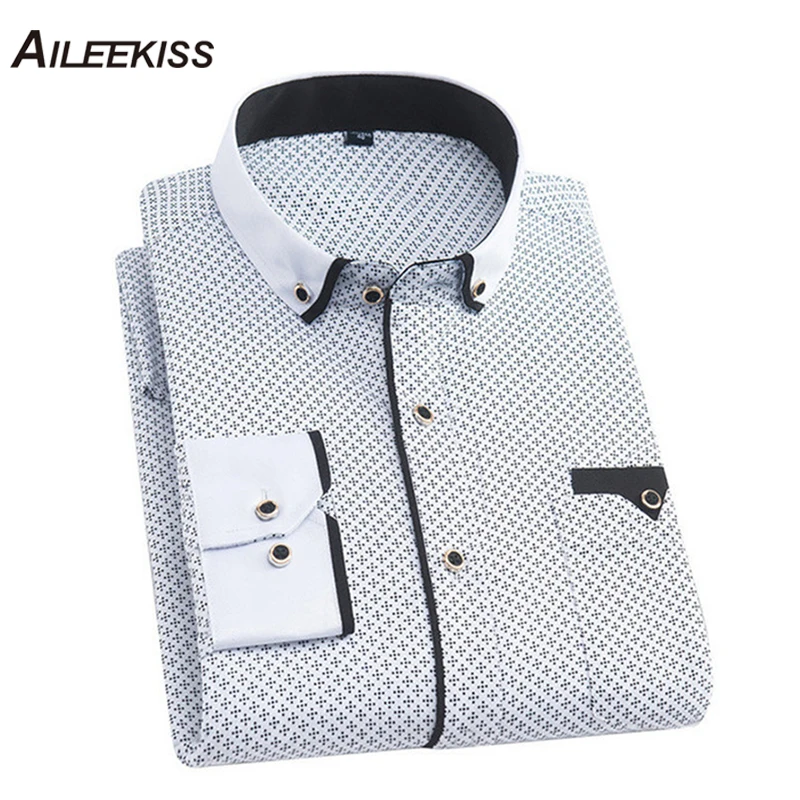 

AILEEKISS 2019 New Fashion Men's Slim Social Business Dress Shirts Long sleeve Shirt Printed Thin Casual Mannen Shirt XT699
