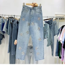 Мода сезон: весна–лето корейский стиль Для женщин Мода блестками Star джинсовые брюки женские джинсы A915