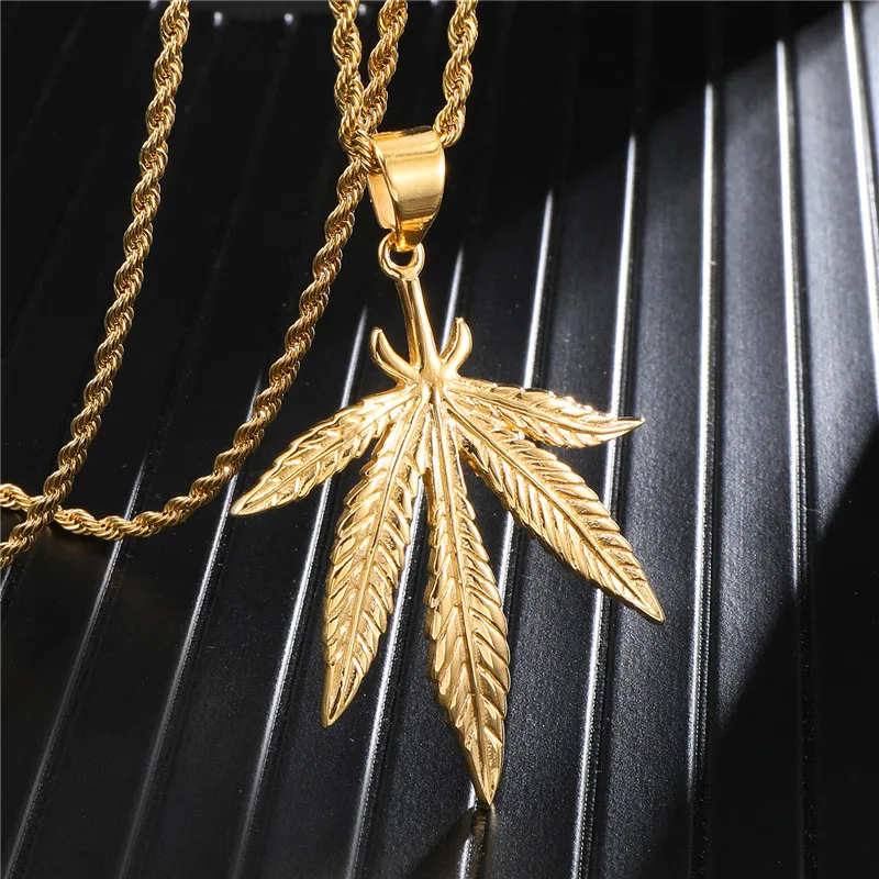 

High Quality Stainless Steel Leaf Pendant Necklace For Women Men Weed Herb Maple Leaf Hip hop Collier Femme
