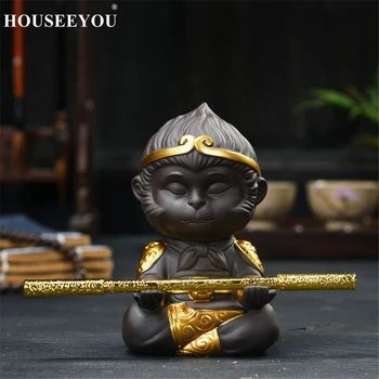 

Chinese Purple Clay Kung Fu Tea Pets Monkey King Tea Tray Sun Wukong Statues Sculptures for Home Office Decoration Crafts