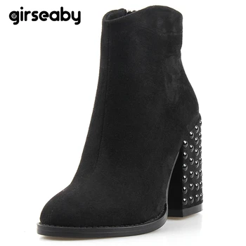 

Girseaby Winter Flock boots Women Warm Bota feminina Ankle boots Motorcycle Rivet Shoes woman High Thick Heel boots Faxu seude
