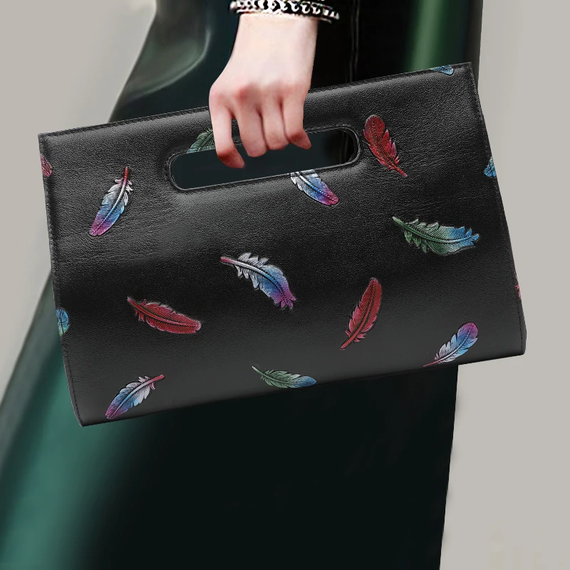 

New Style Fashion Handbag Genuine Leather Feather Pattern Noble Totes Women Top-handle Bag Modern Chain Shoulder Crossbody Bags