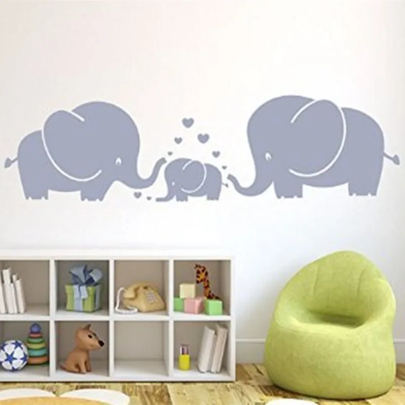 

Three Cute Elephants parents and kid Family With Heart Wall Decals Baby Nursery Decoration Wall Art Stickers for Kids Room Decor