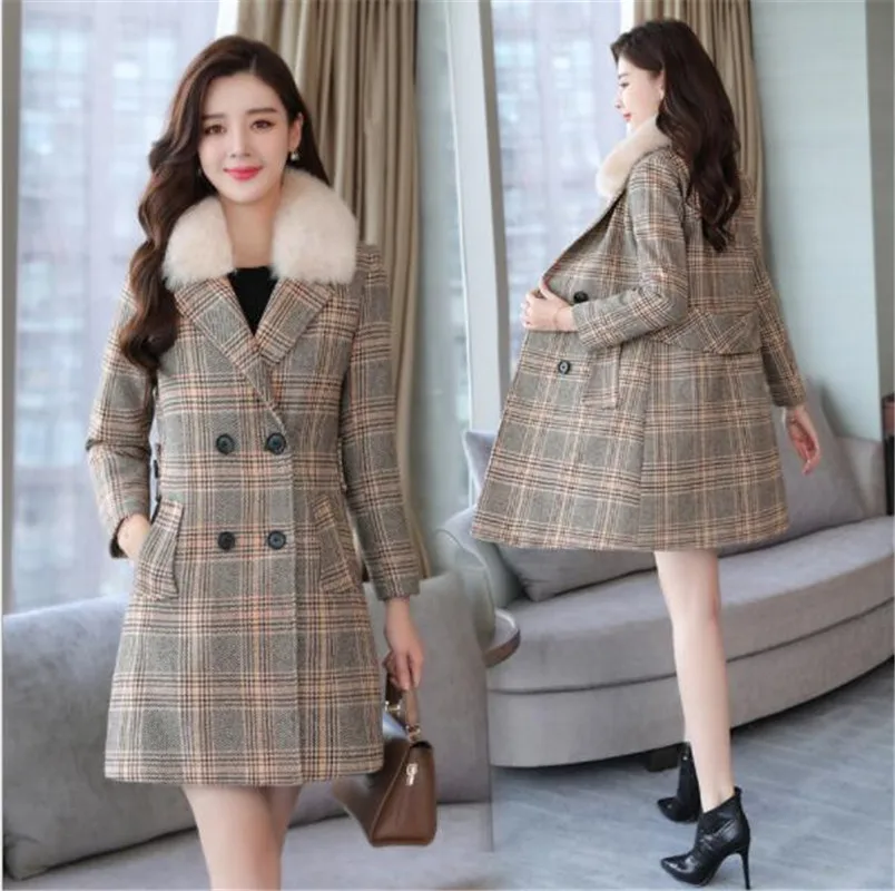 Et De 2018 Fourrure Femmes Tempérament Automne Plaid Manteau Col Laine D'hiver Femme Nouveau 5RAASq
