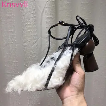 

New Style Cross Tied Runway Shoes High Fashion Shoes Women Strange Style Heel Pointed Mixed Color Cowhide Shoes Women Luxury