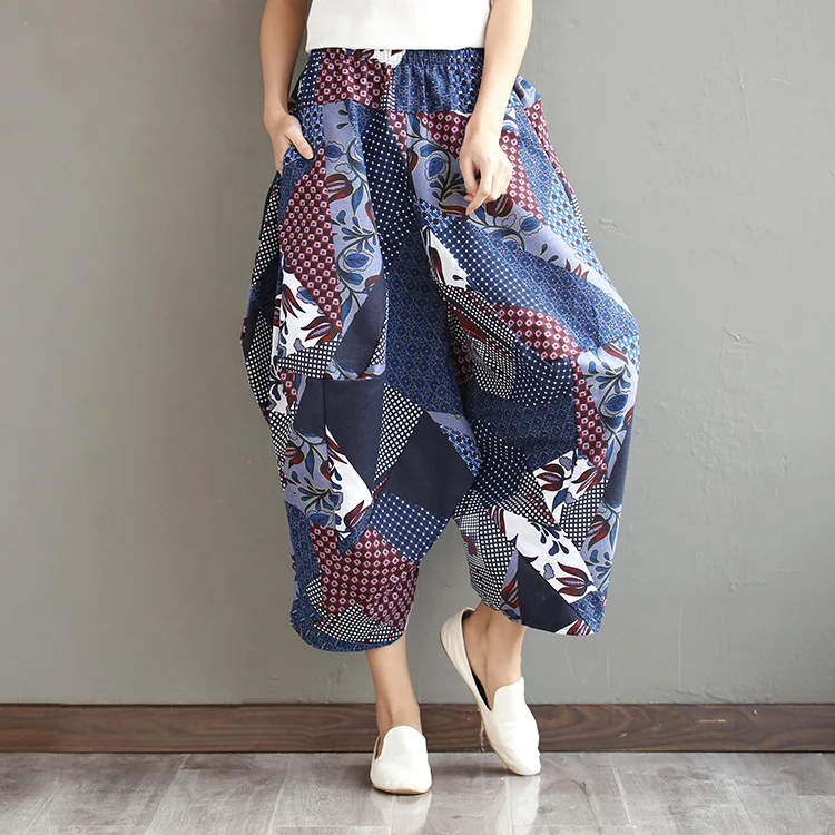 

2017 spring and summer new large size pants cotton and linen national wind harem pants crotch nine pant