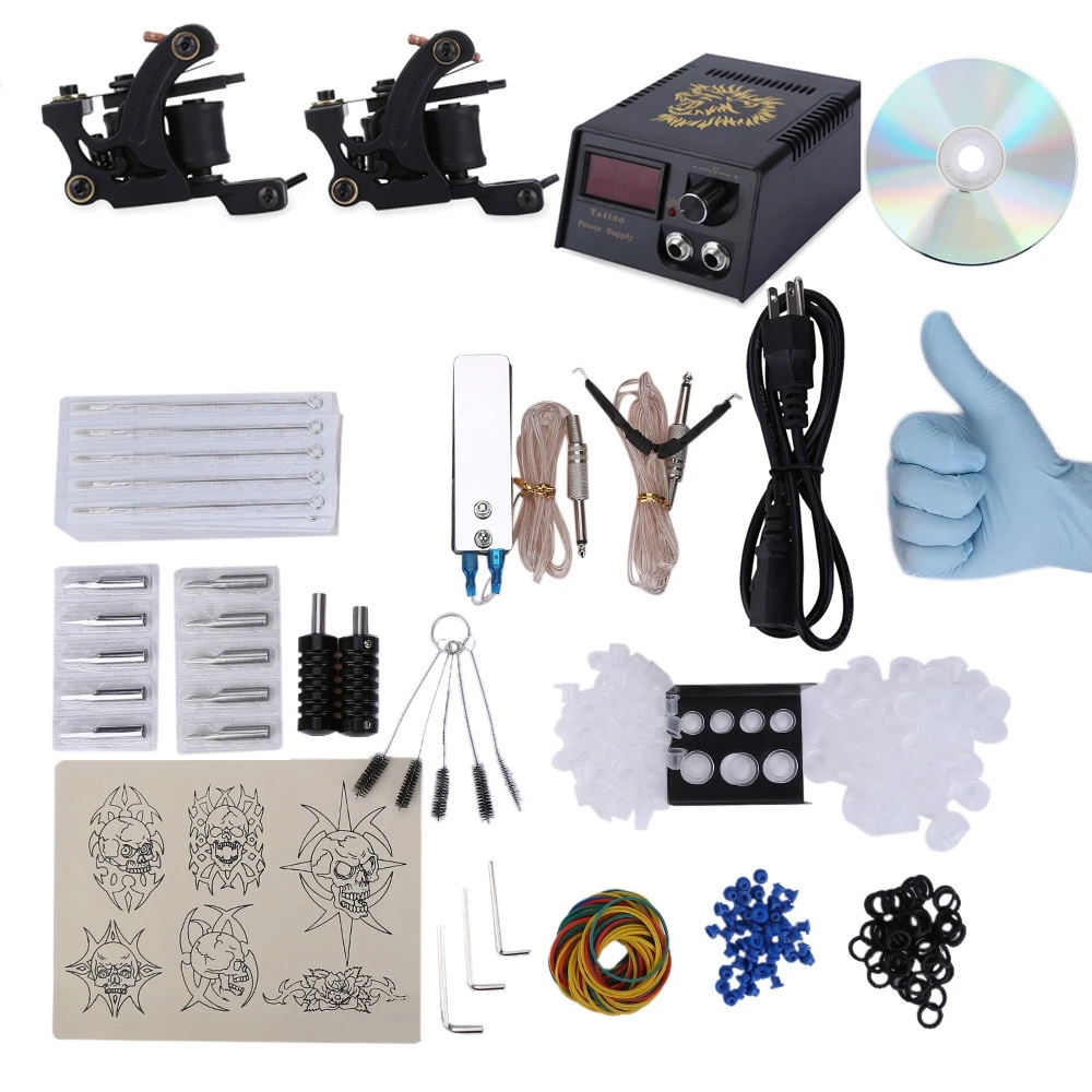 

Tattoo Kit Shader Liner Machine Guns Power Supply Grips Tips with CD 10 Ink Sets Power Supply Needle Pedal Tips Body Art Tools