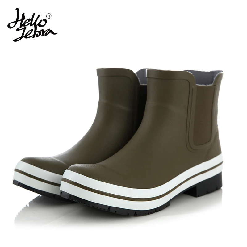 

Hellozebra Women Rain Boots Lady Low Heels Natural Rubber Solid Pleated Ankle Waterproof Cotton Welly Buckle Nubuck Rainboots