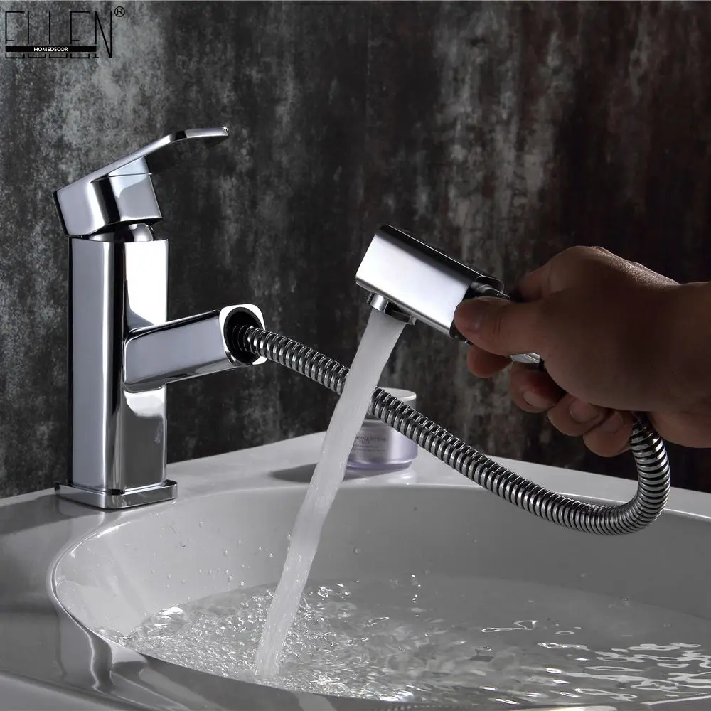 

Bathroom Basin Copper Faucet Pull Out Sink Faucets Hot and Cold Water Mixer Crane Square Basin Sink Taps Chrome Finished ELB90