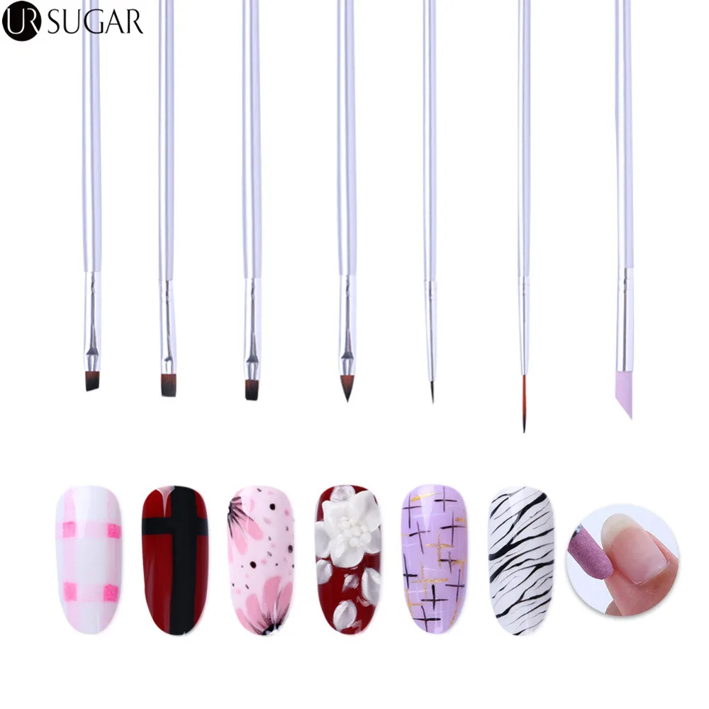 

7Pcs Nail Brushes Liner UV Gel Acrylic Painting Drawing Brush Cuticle Remove Silver Handle Copper Manicure Nail Art Tool Kit