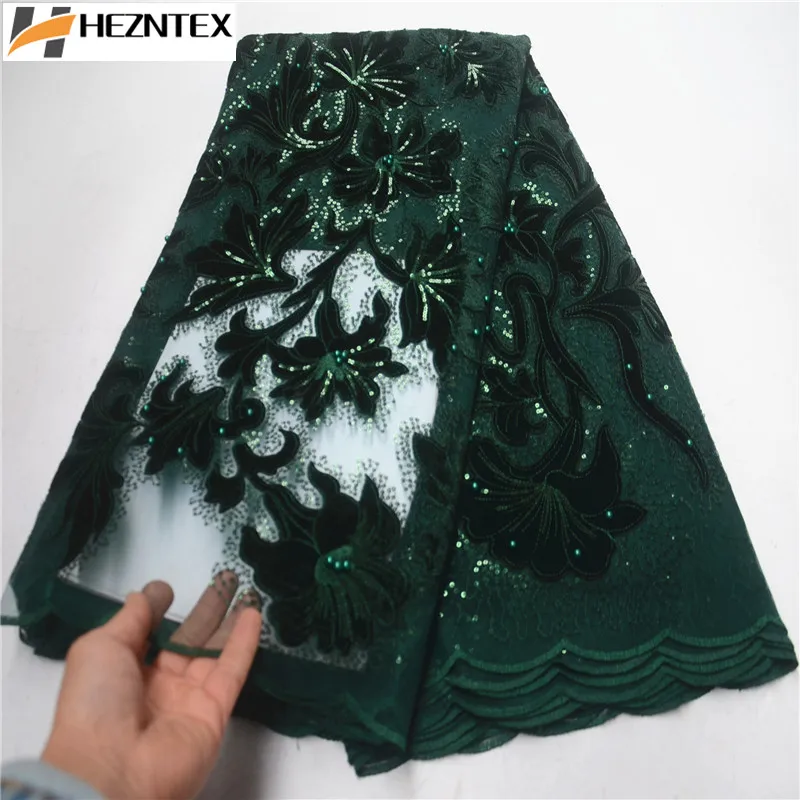 

Nigerian French Lace Fabrics Beaded African Tulle Lace Fabric With Velvet And Sequins High Quality African Wedding Lace PSA618-1