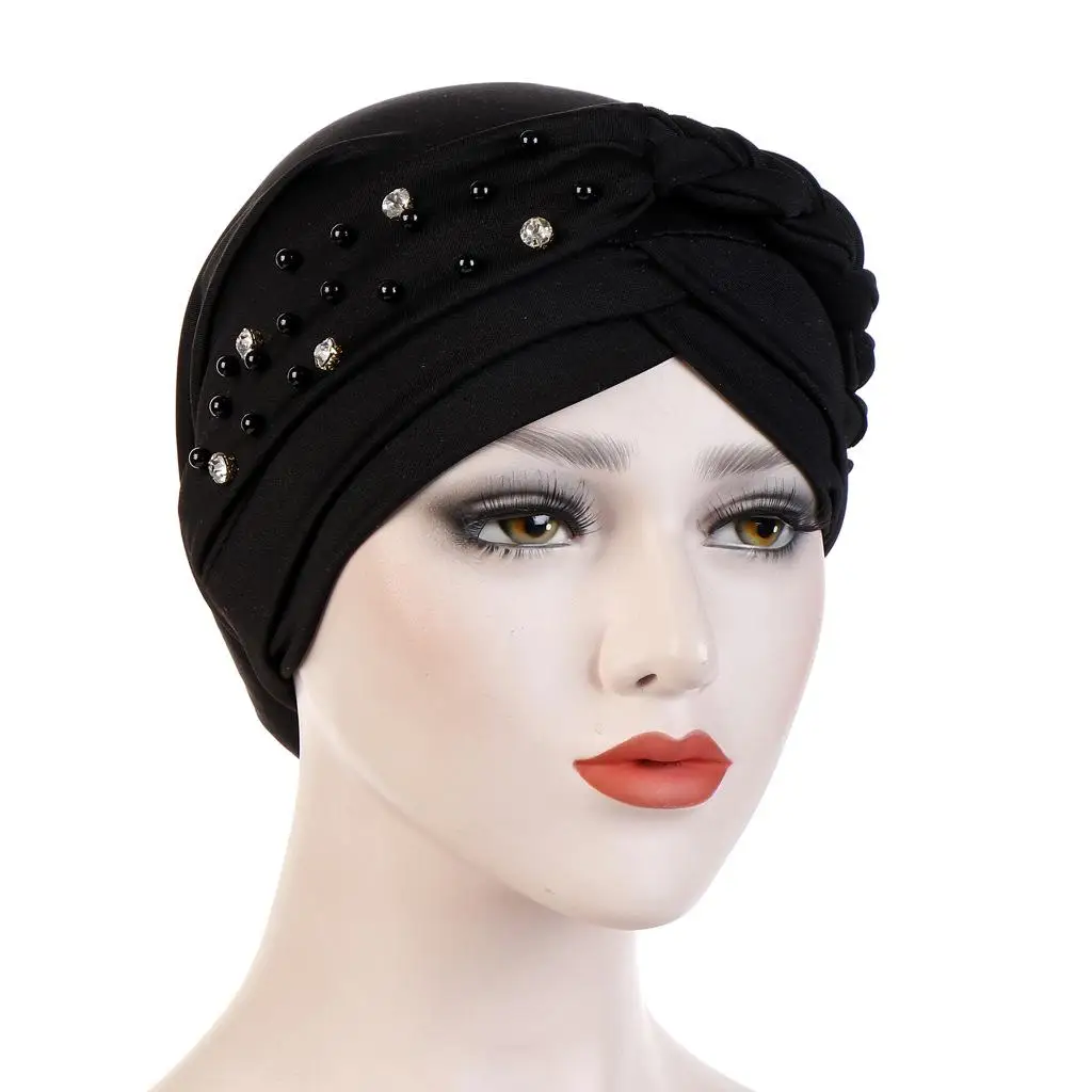 Мусульманская женская коса шляпа бини Skullies Бисероплетение Рак Кепка chemo тюрбан, головной платок обертывание исламский арабский капот выпадение волос шляпа Мода - Цвет: Black