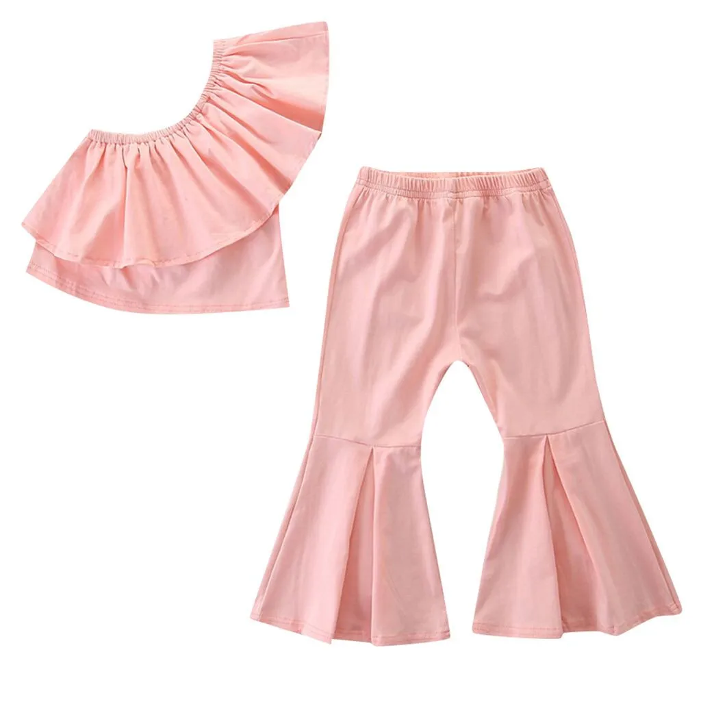 

Sets baby girl clothes Kids Baby Girl Off Shoulder Solid Ruffle Tank Top Long Flare Pants Outfits Set baby girl clothes