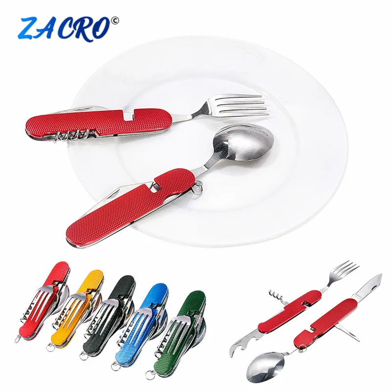 

6 in 1 Outdoor Camping Tableware Stainless Steel Opener Corkscrew Reamer Multifunction Tool for Camping Spoon Fork Knife Bottle