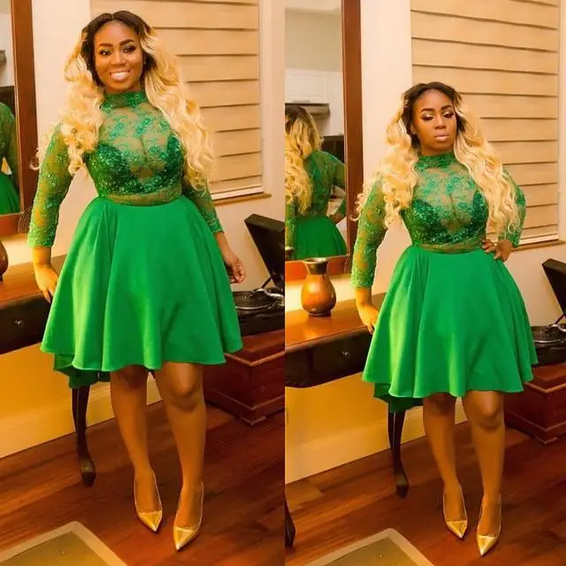 2017 New Plus Size Green Lace Short Prom Dresses With Long Sleeves See