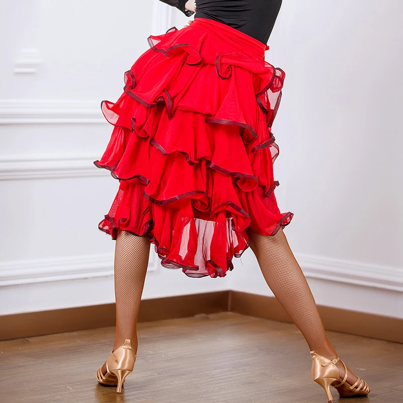 Новая красная танцевальная юбка для женщин/женская многослойная пасадобль юбка профессиональная фламенко Ковбойское платье для латиноамериканских танцев юбка VDB175