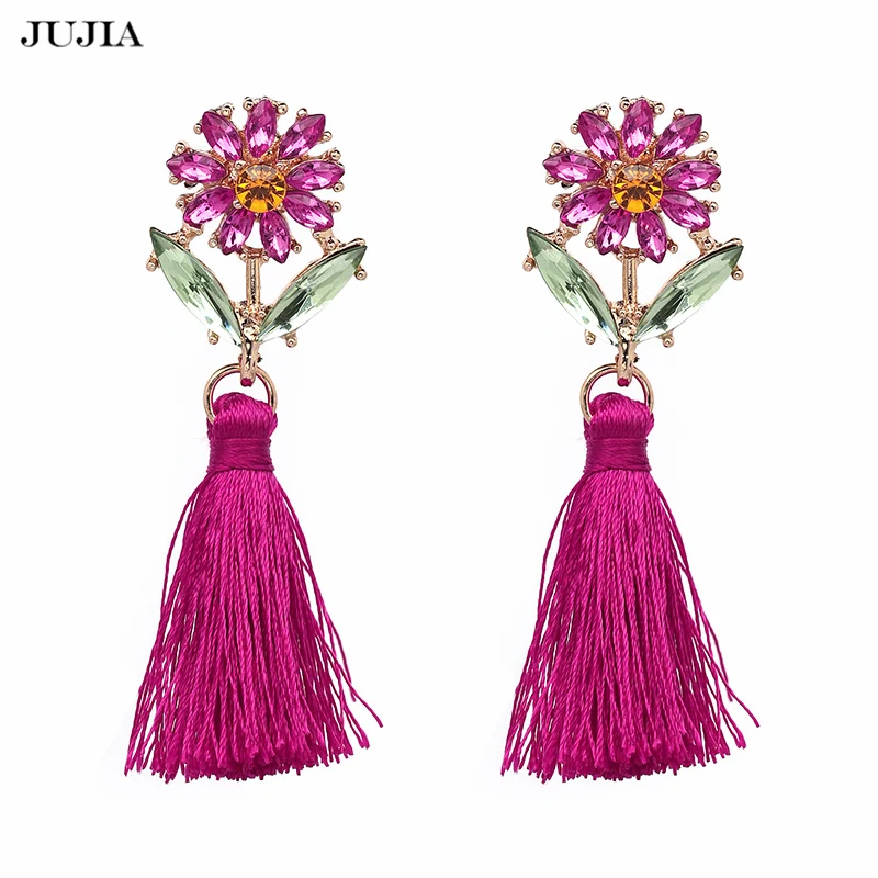 

Handmade Hot Pink Long Tassel Earrings for Women Ethnic Boho Tassel Earrings Rhinestone Drops Fringe Earrings