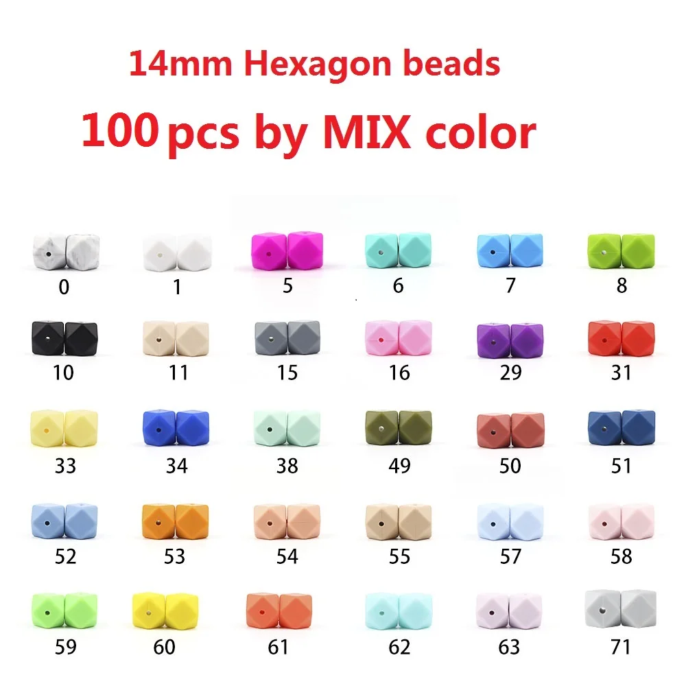 BOBO.BOX Wholesale 100pcs/lot Hexagon Beads Silicone Baby Teether Perle BPA Free DIY Necklace Pacifier Chain Baby Teething Care - Color: KAT039-MIX color