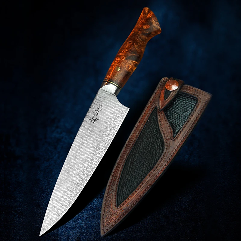 

FZIZUO 7Inch Damascus Chef's Knife Japanese Gyuto Knives Professional Kitchen Cooking Tools Handmade Carved Leather Sheath 60HRC