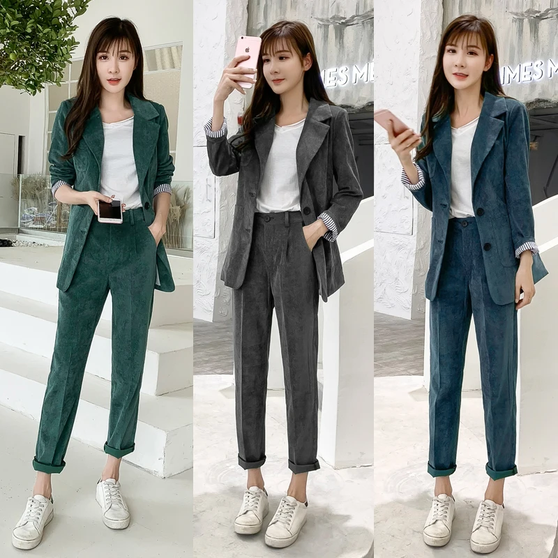 Veste Et Breasted Nouveau Pantalon Bureau 1 Mode 2 Ensemble Pour Travail 2 En Pièce De Dame Blazer 3 Femmes Costumes Solide Velours Costume Côtelé Double UxTUqw6r