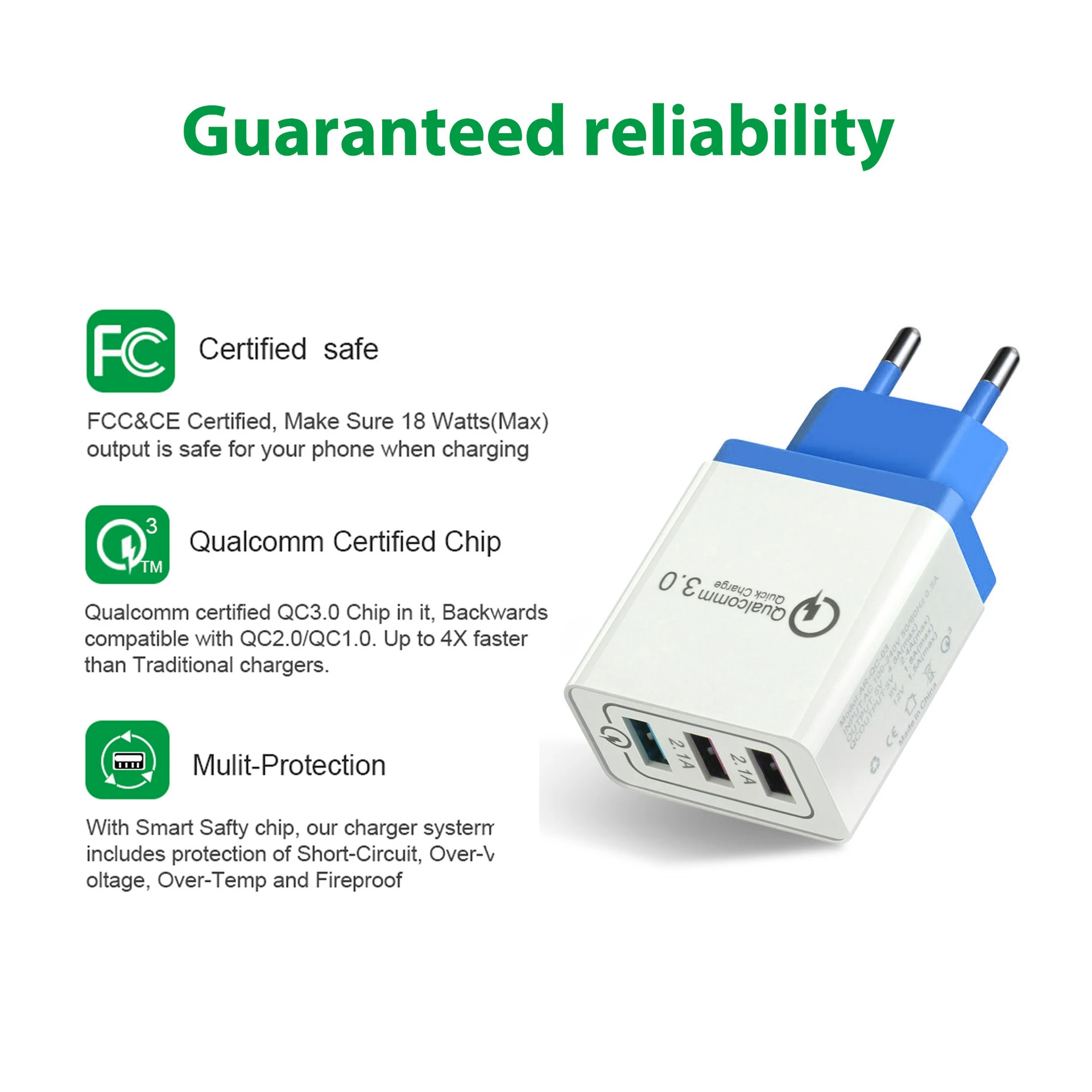 Портативное зарядное устройство 3 порта быстрое 30 Вт USB QC 0 для iPhone iPad Samsung Huawei