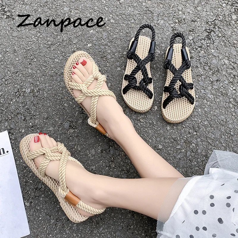 Handmade Women Sandals 2019 Gladiator Flat Heels Sandals Women Hemp Slip on Hemp Shoes Beach Sandals Cross-tied Flat Sandals