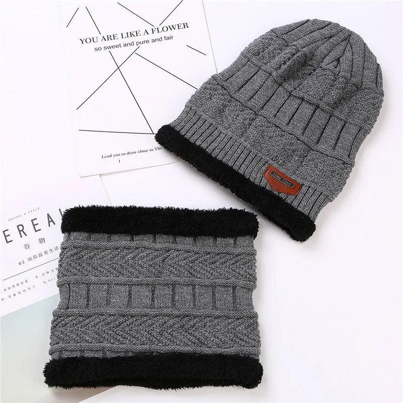 AZUE Mens Fleece Lined 2 Pieces Beanie Hat Scarf Set Winter Thick Warm Solid Skull Caps Scarfs for Men