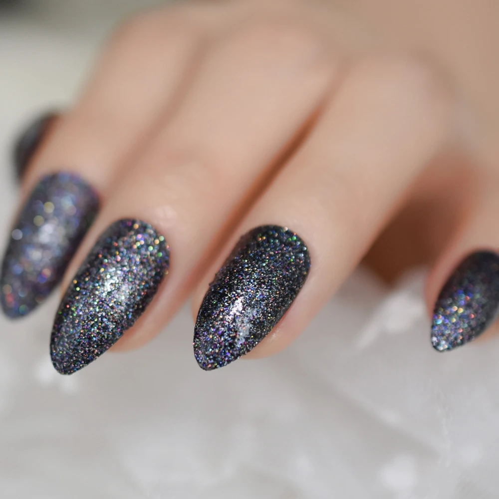 

Twinkling Glitter Artificial Nails Fabulous Stiletto Nail Tips Full Cover Medium False Nail with Glue sticker 24 Ct