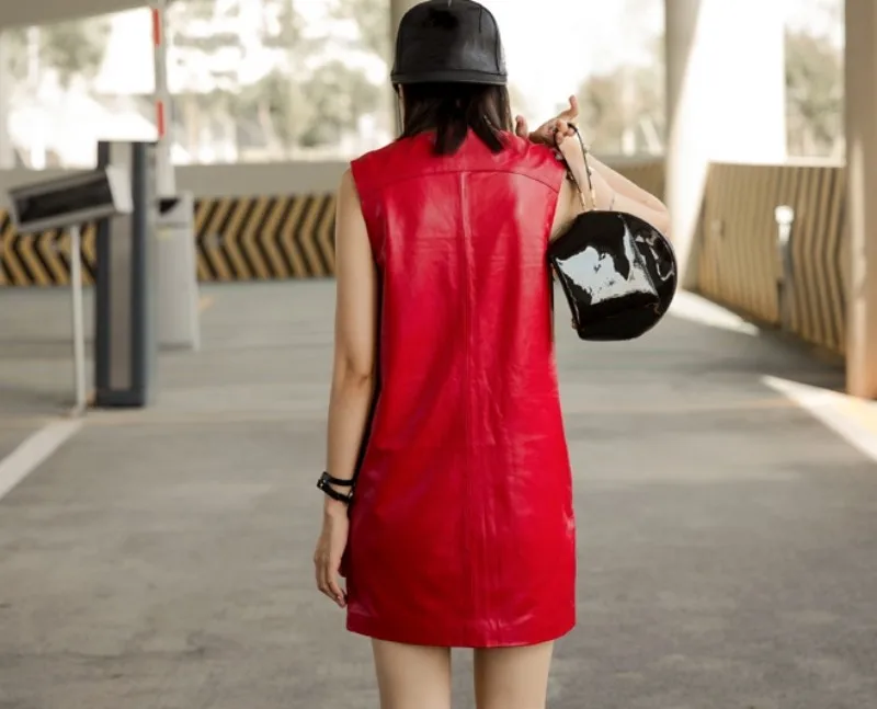 Однотонное Сексуальное Женское Платье из натуральной овчины, элегантное роскошное платье с v-образным вырезом, Черное Красное платье из натуральной кожи, длинное облегающее платье трапециевидной формы без рукавов
