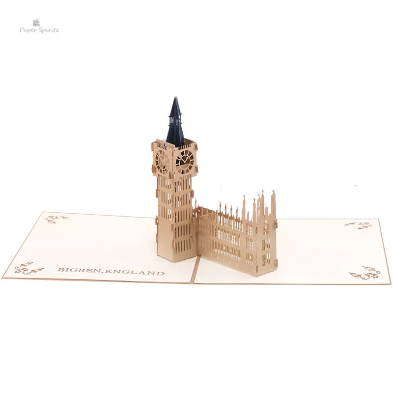 PAPER SPIRITZ laser Big Ben 3d paper pop up card with envelope blank invitations greeting cards gift thank you happy invitation