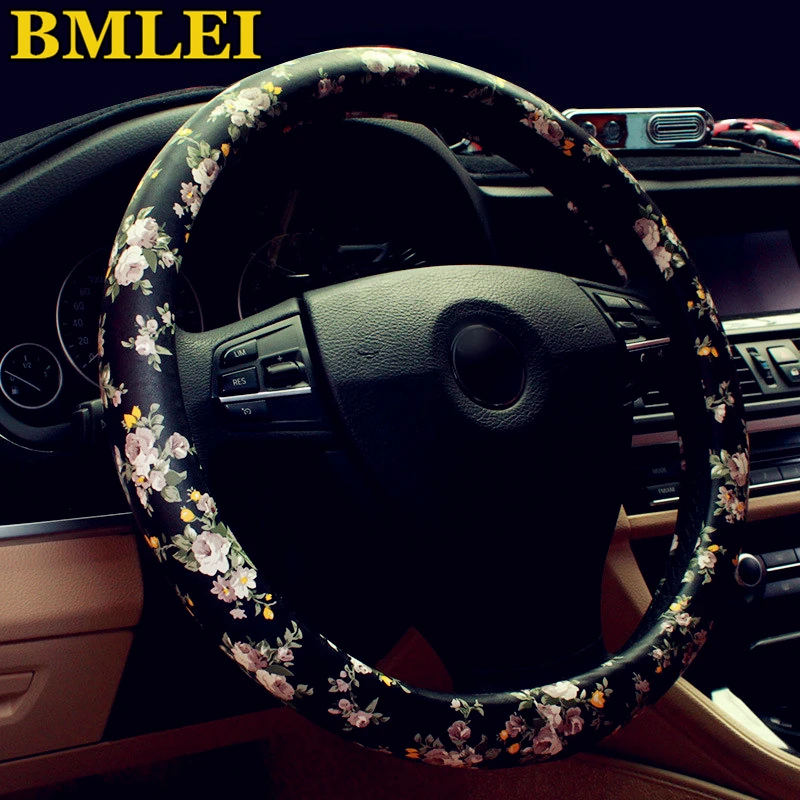 

Universal 38cm Leather Auto Car Steering Wheel Cover Anti Slip Flower car Styling Steering-wheel covers for Women Girls Ladies