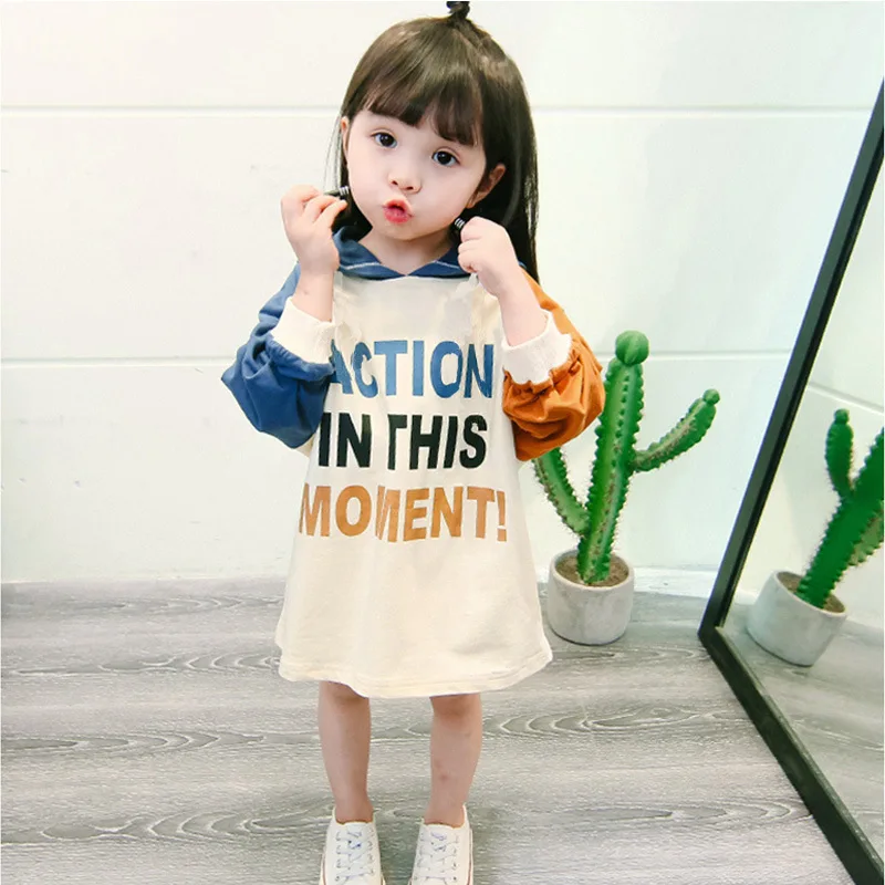 

Autumn and winter trend trend color sweater dress girls hooded printed letters children's clothing new dress princess dress