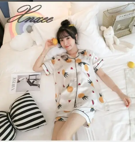 

2019 Xnxee new ice silk pajamas women summer short-sleeved cardigan lapel two-piece home service M-5XL