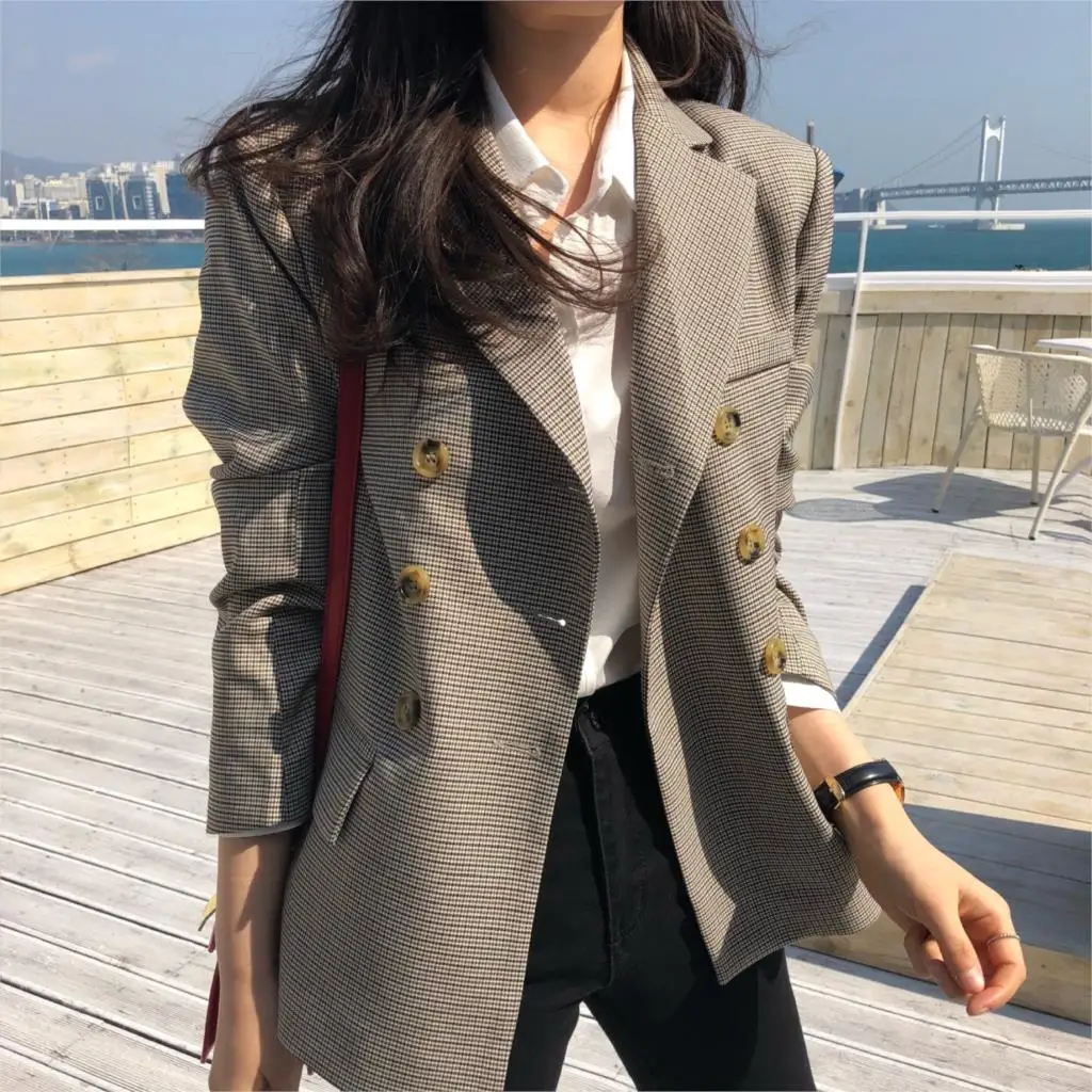 Notched Collar Women Jacket Blazer Classic Plaid Double Breasted Female Suits 2019 Spring Autumn Fashion Coat  Houndstooth Coats