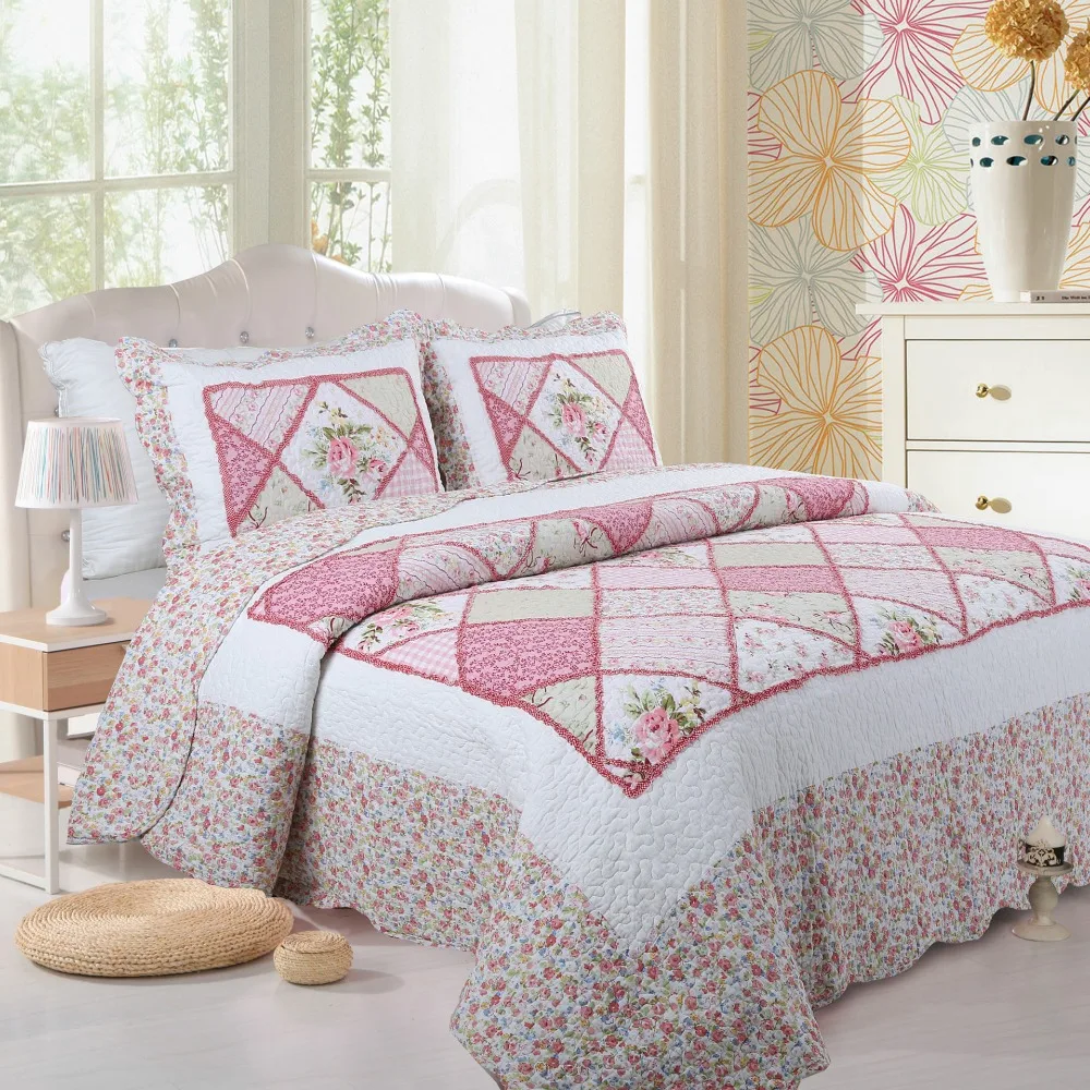 

CHAUSUB Korea Patchwork QUILT Set 3PC Cotton Quilts Floral Quilted Bedspread Bed Cover Sheets Pillow Shams Coverlet Set Bedding