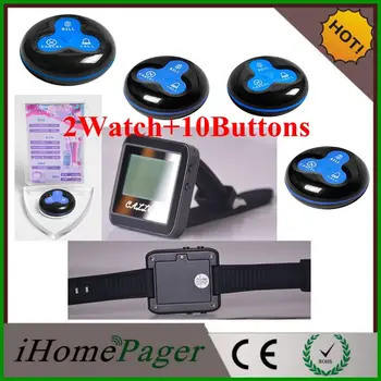 

Hot sale fashion restaurant wireless call system 2 Watch+10Buttons waiter buzzer waterproof push bell