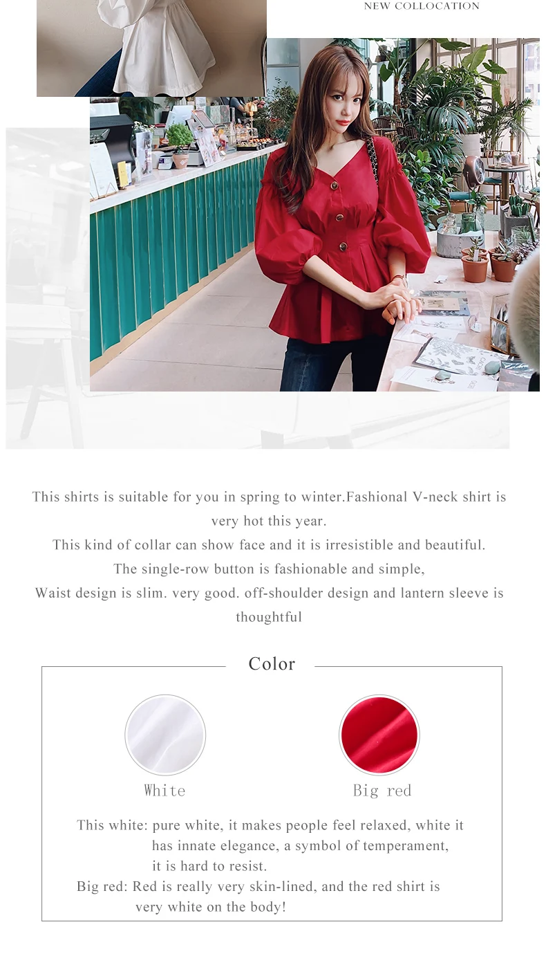 Dabuwawa новые осенние элегантные рубашки с v-образным вырезом Модный хлопковый фонарь рукав блузка Топ белый/красный DN1CST033