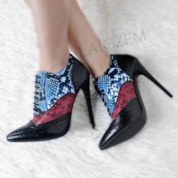 

LAIGZEM Women Ankle Boots Stiletto Heels Multi Colors Heel Lace Up Short Boots Ladies Shoes Botines Mujer Small Big Size 34-47