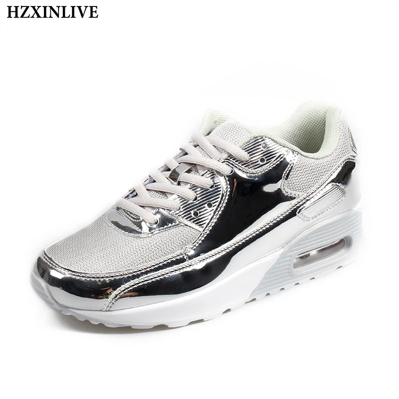 

HZXINLIVE 2018 Women Vulcanized Shoes Sneakers Ladies Lace-up Casual Ankle Shoes Walking Bling Mirror Leather Air Cushion Shoes