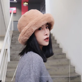 

All-match New Pattern Flat Plush Hat Woman winter Solid Color Keep Warm Fisherman Fur Hat Warm Scarf Large caps Bucket Hats