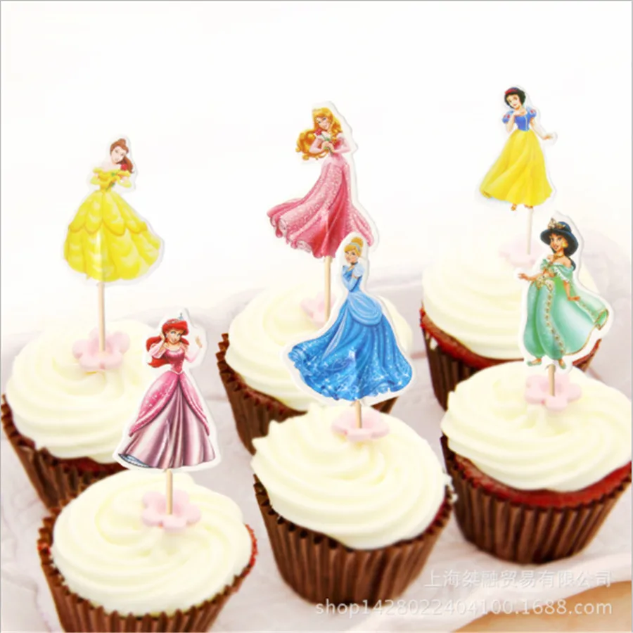 

24pcs/set Ariel/Snow White/Belle/Cinderella/Jasmine/Aurora Princess birthday party supplies cake cupcake insert card decoration