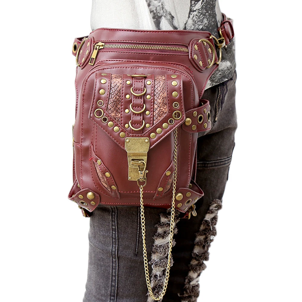 

New Brown Red Bag Pu Leather Retro Motorcycle Bag Female Cool Multi-function Travel Fashion Riding Leg Bag Girls Leather Handbag