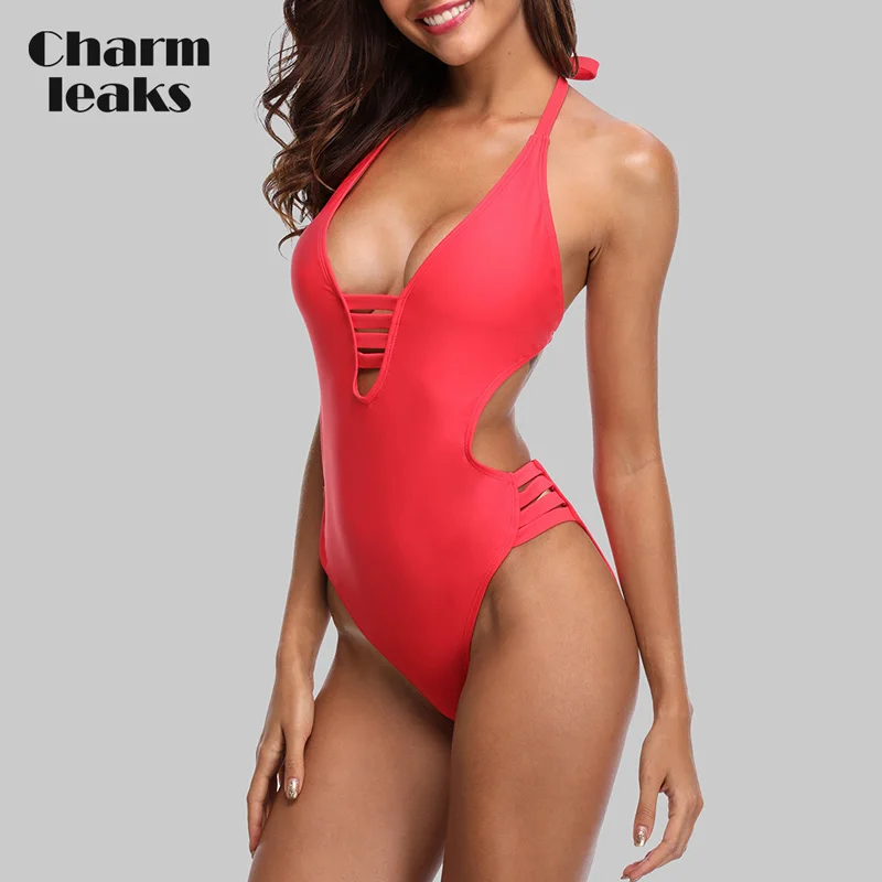 Charmleaks, Женский сдельный купальник, глубокий v-образный вырез, сексуальное бикини, на бретелях, открытая спина, купальник, бандажный, с вырезом, монокини - Цвет: RED