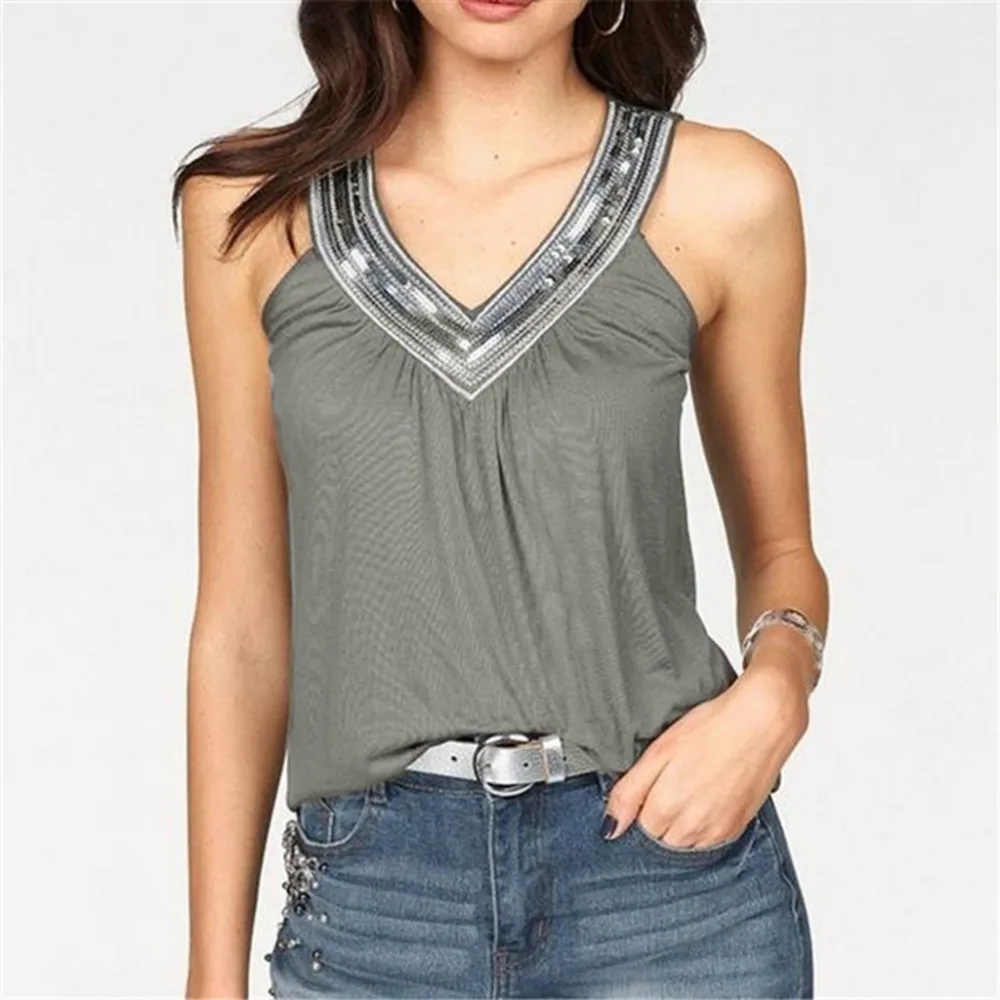 2019 Women's v-neck plus size sexy tops and blouses sleeveless loose beach tops and blouses summer et chemisiers femme  40J12 (8)