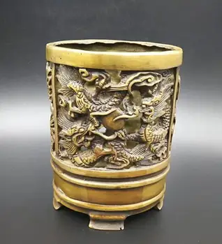 

Chinese pure brass Ssangyong play pearl Brush pot