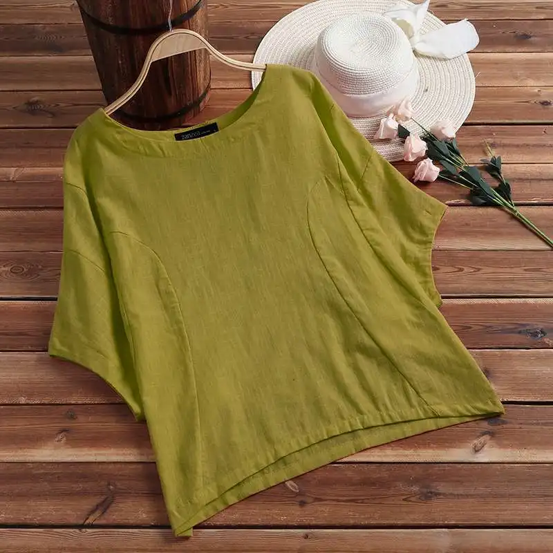 Летняя женская блузка ZANZEA размера плюс, Повседневная однотонная хлопковая рубашка, Женские Мешковатые Блузы с рукавом, топы для офиса, сорочка