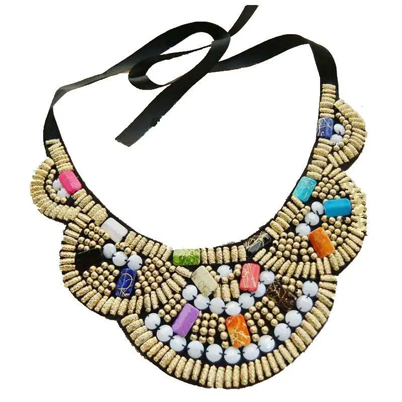 

CirGen Fashion Handmade Choker Boho Women Ribbon Face Colorful Wood Beads Cloth Statement Collar Bib Necklace Jewelry Item,AF053
